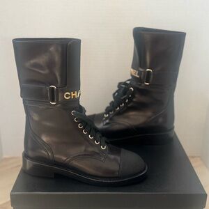 CHANEL Black Leather Lace-Up Boots